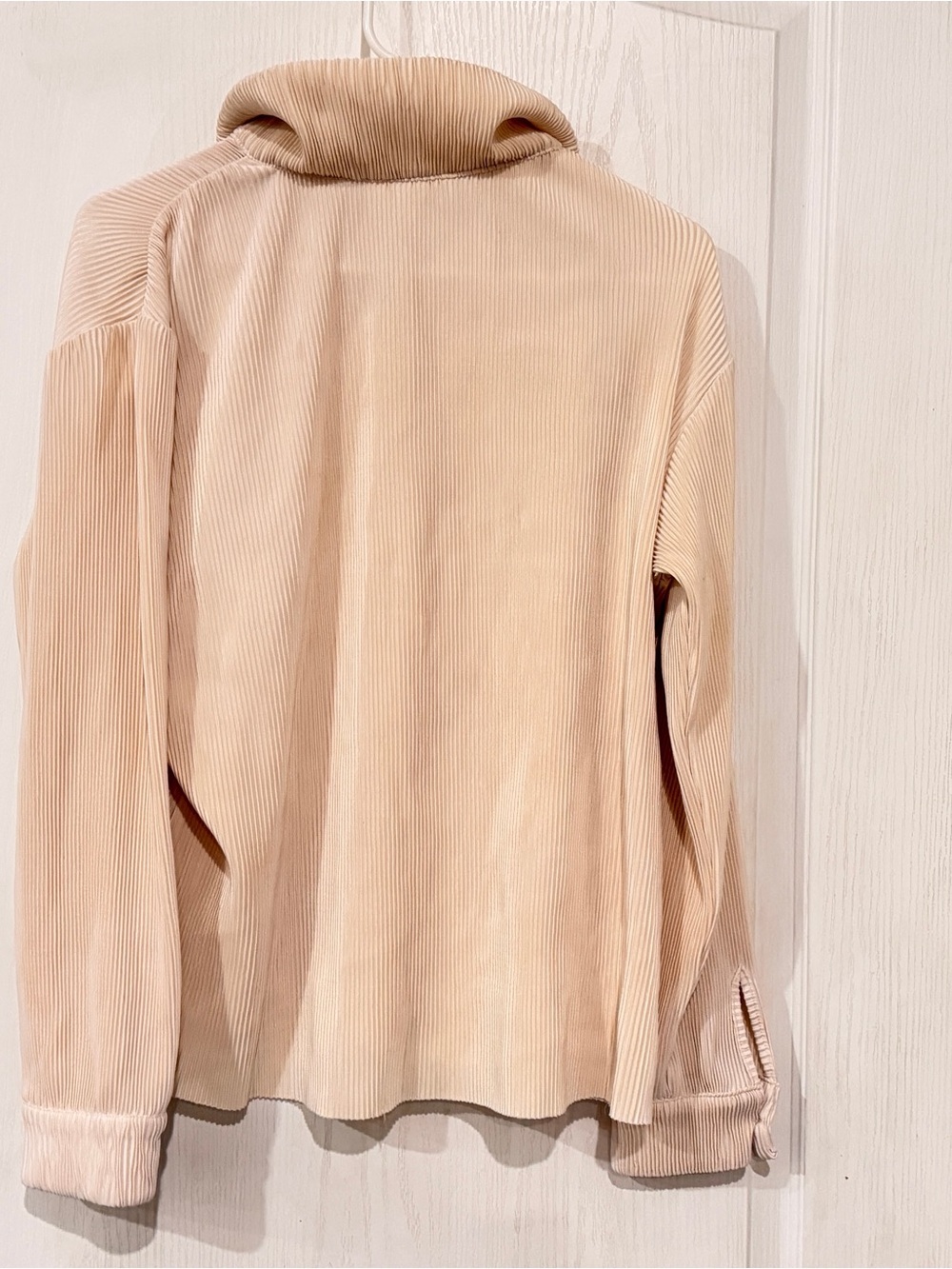 Neutral Ribbed Button-Down Shirt — Light Beige - Picture 6 of 6